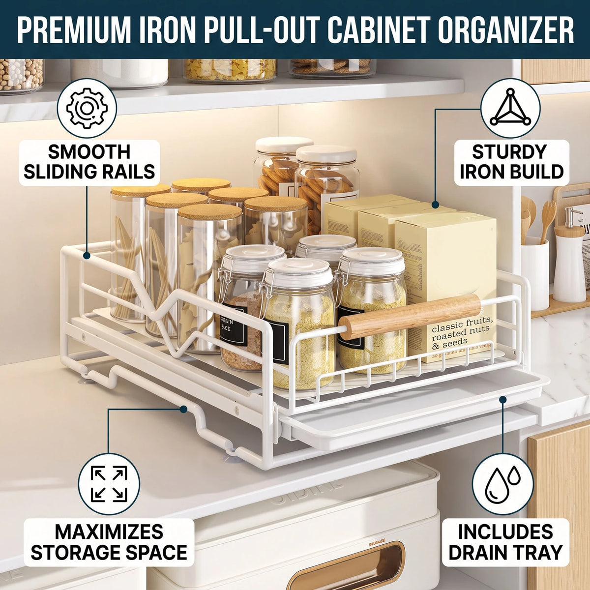 Iron Under Sink Slide Out Cabinet Organizer With Drain Tray