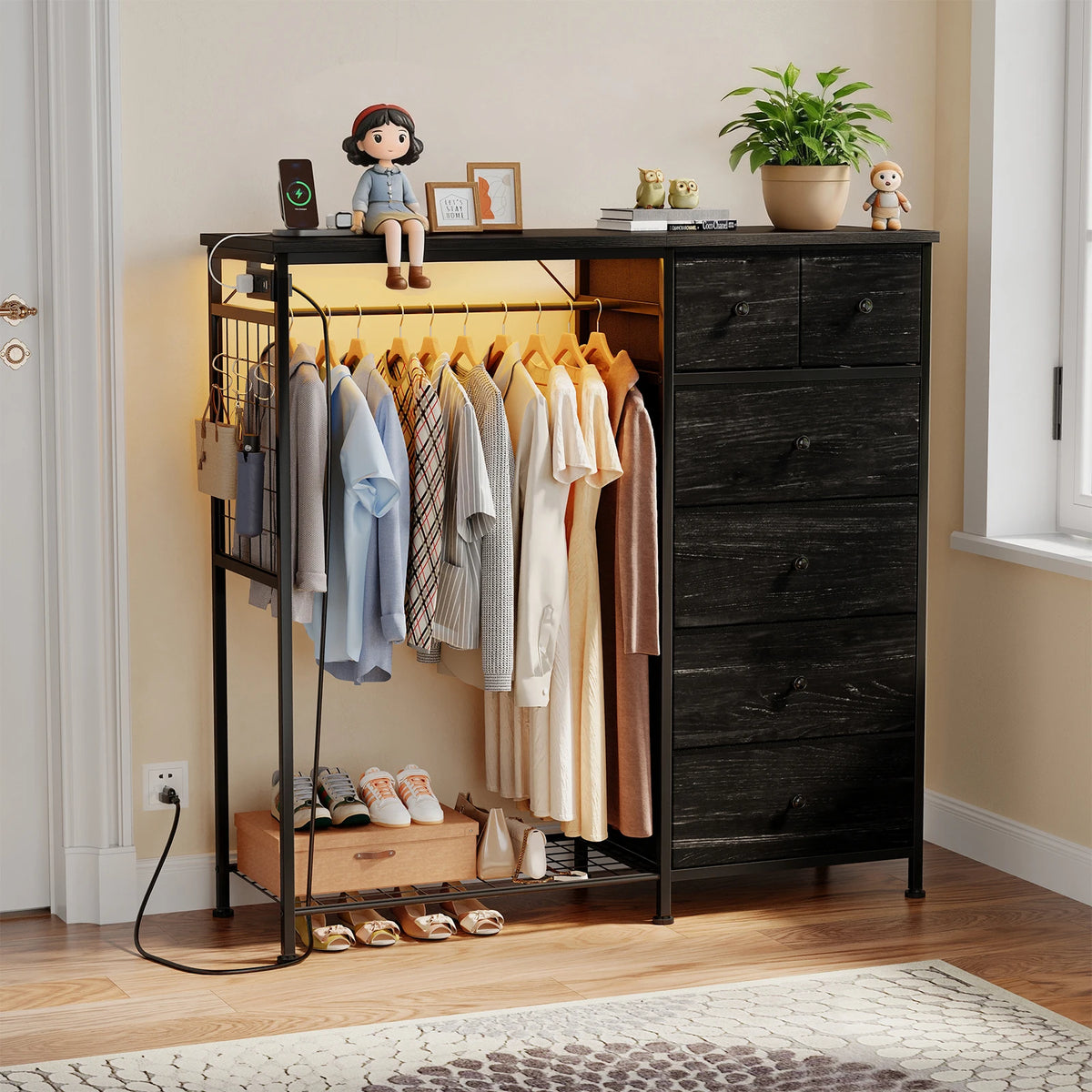 JHK Fabric Dresser With Six Drawers And Charging Station