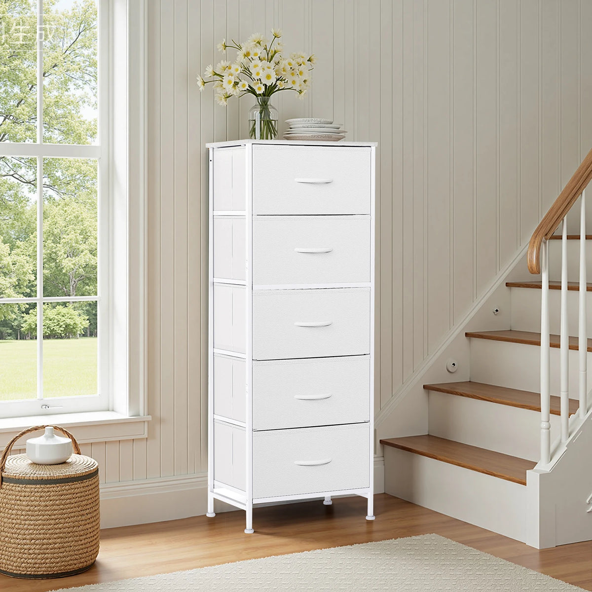 JHK Modern Bedroom Dresser With Five Fabric Drawers Cabinet