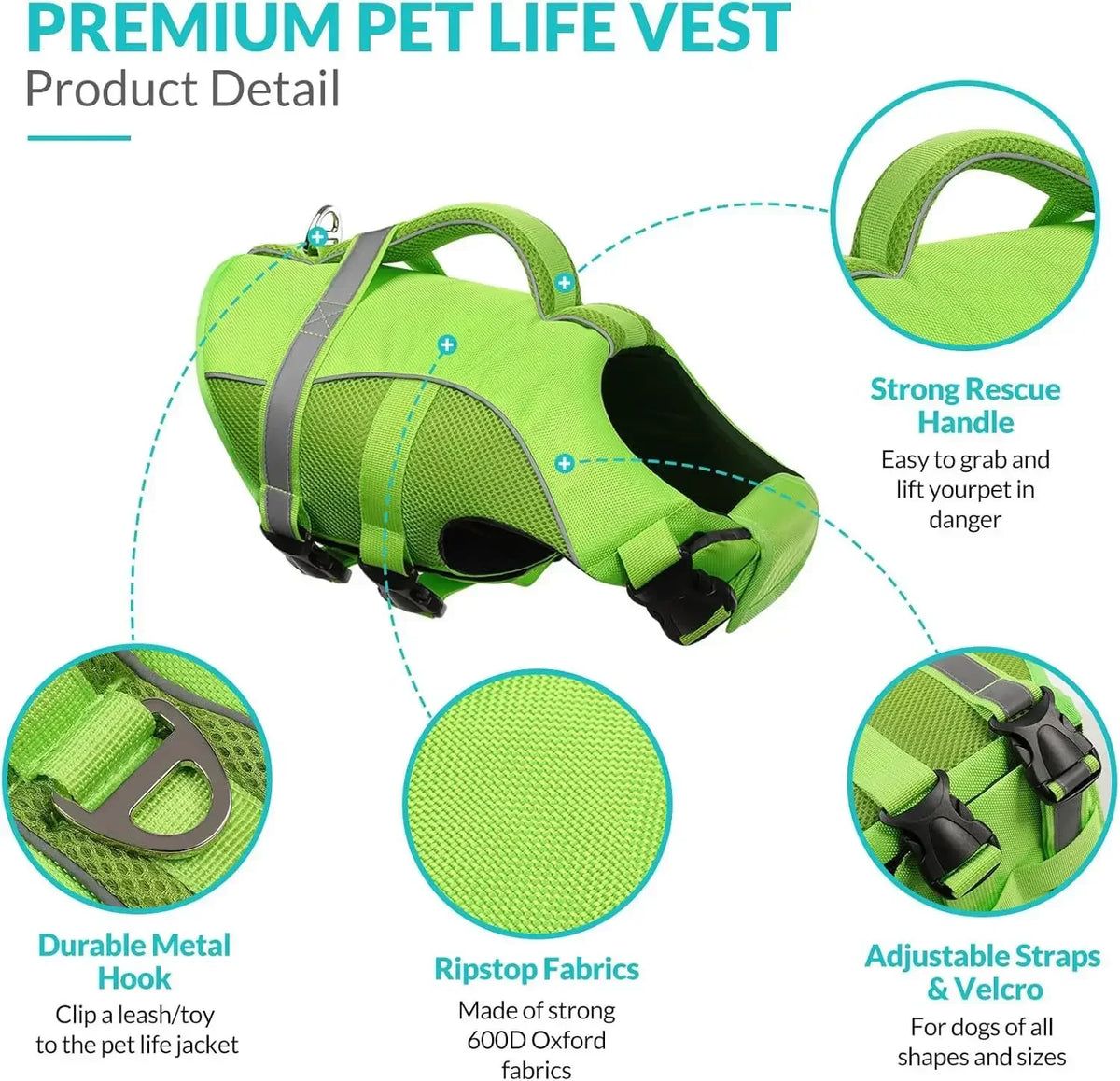 Durable Dog Life Jacket With Safety Handle And Reflective Vest
