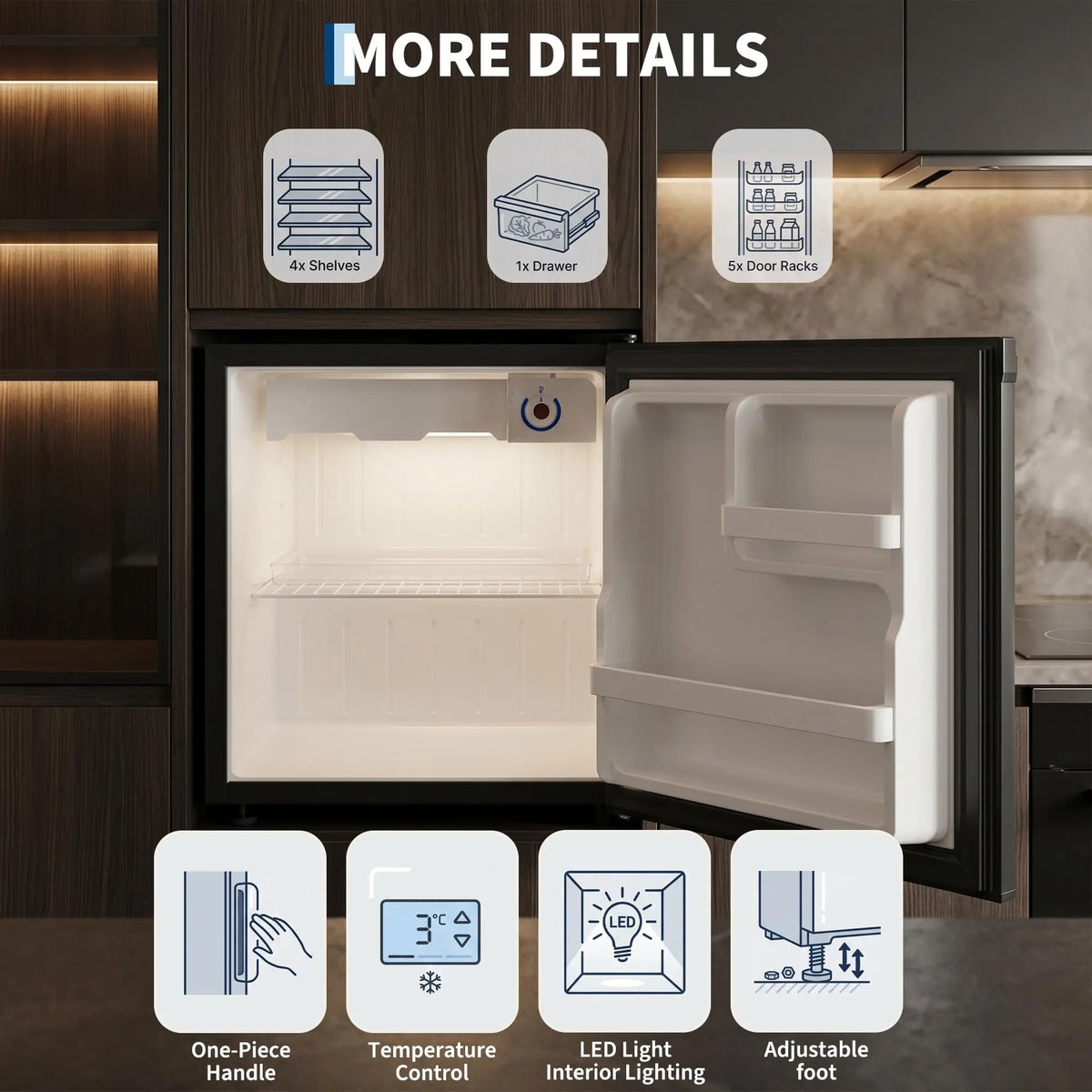 Compact Single Door Refrigerator With LED Shelves And Automatic Defrost