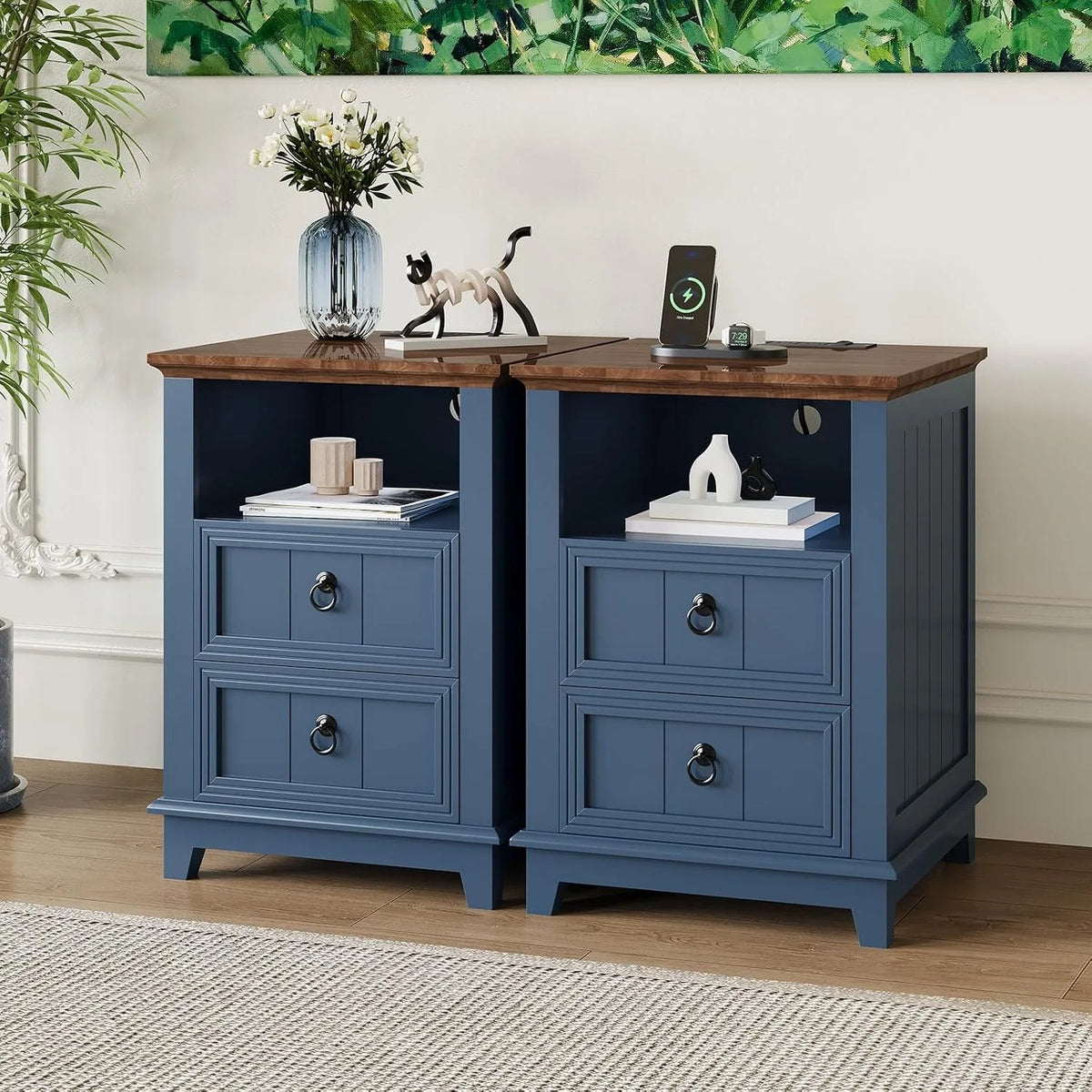 Modern Fluted Wood Nightstand With USB Charging Station And Drawers