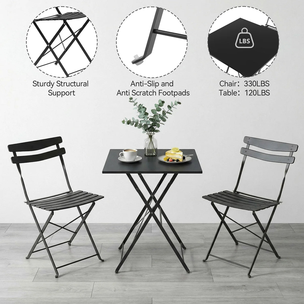 HiMISS Collapsible Outdoor Bistro Set With Powder Coated Steel Frame