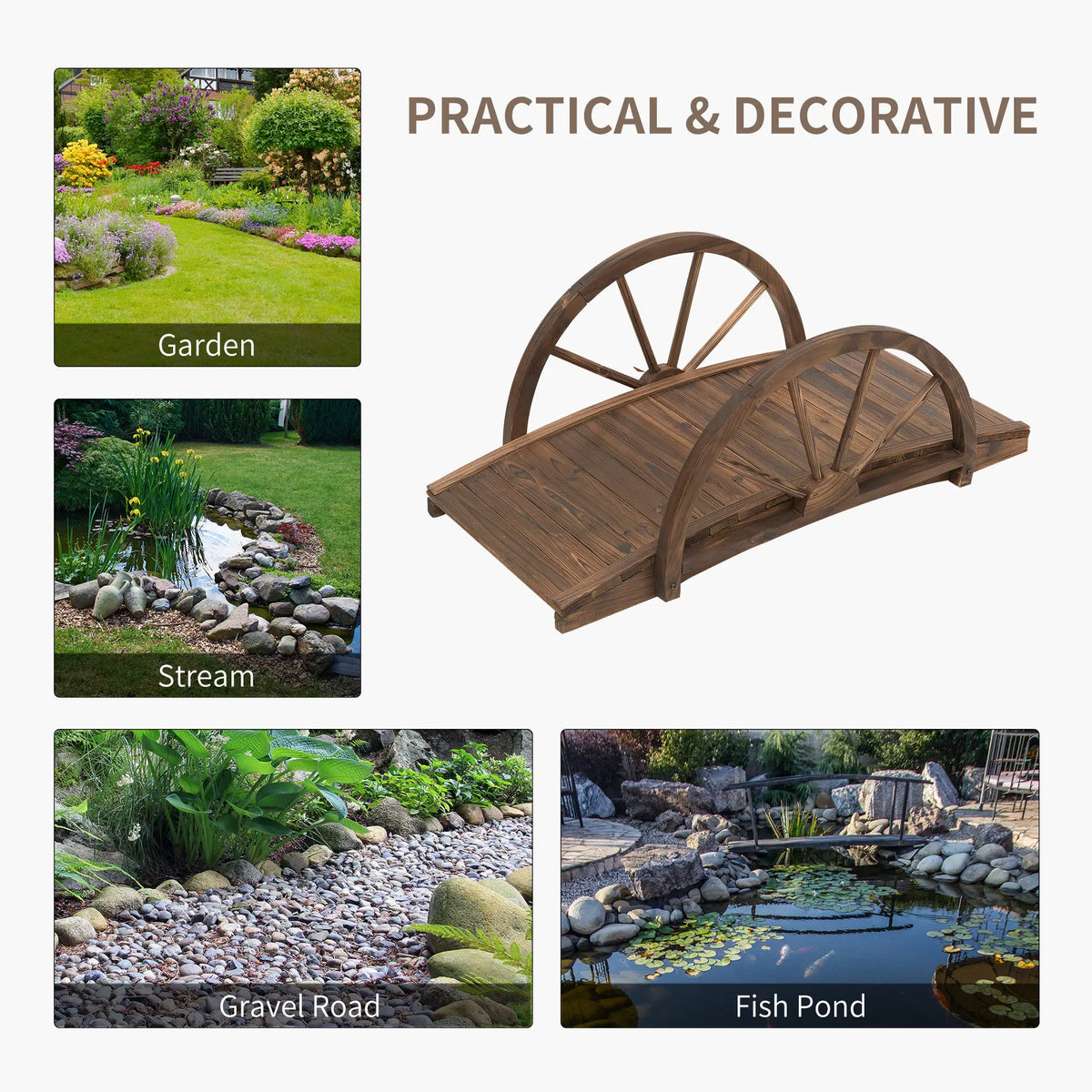 Outsunny Wooden Arch Garden Bridge With Decorative Curved Rails