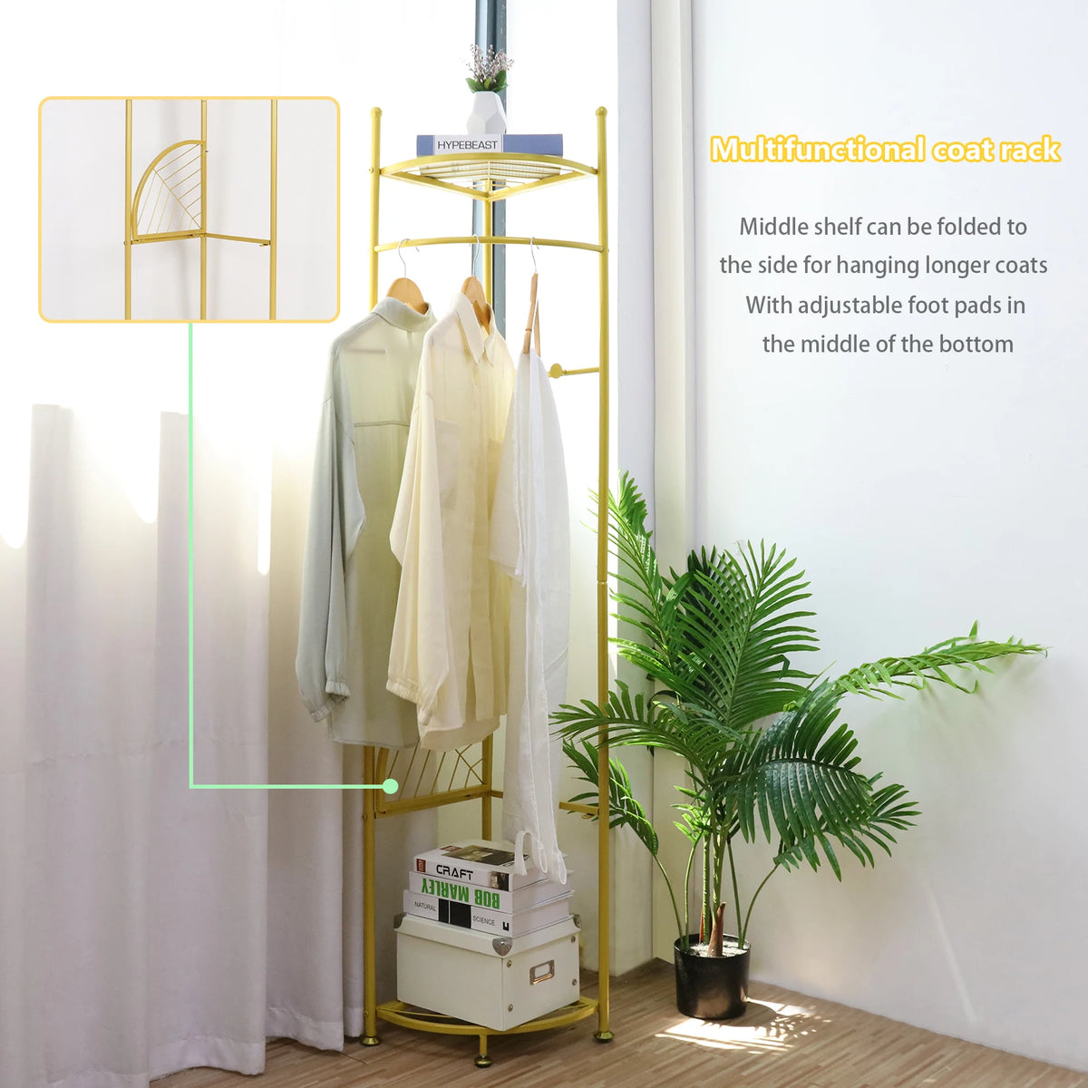 Heavy Duty Freestanding Metal Corner Coat Rack With Shelf