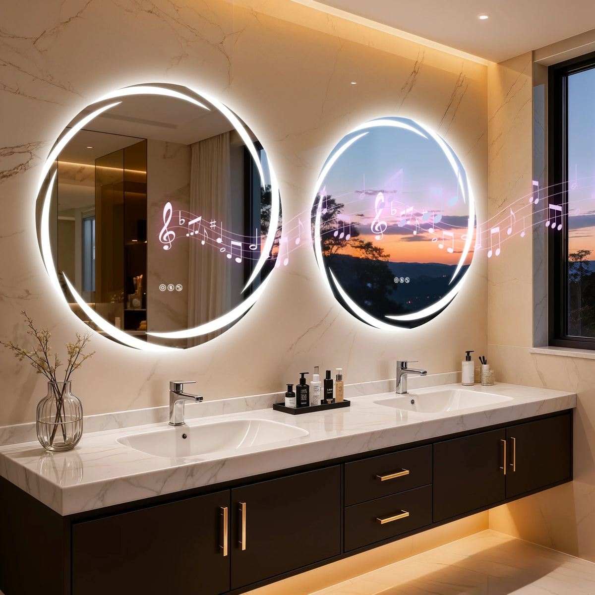 Round Bluetooth LED Bathroom Mirror Defog Speakers Dimming