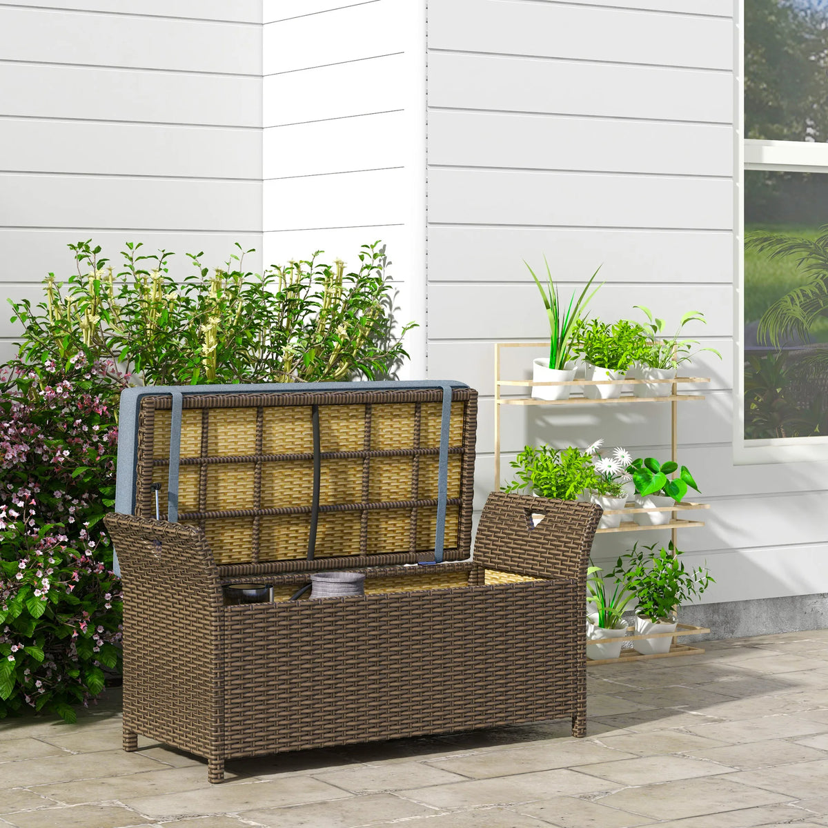 Outsunny Pe Rattan Wicker Storage Bench For Outdoor Patio