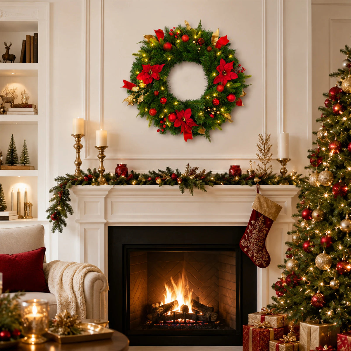 HiMiss Rustic Lighted Christmas Wreath With Timer For Doors