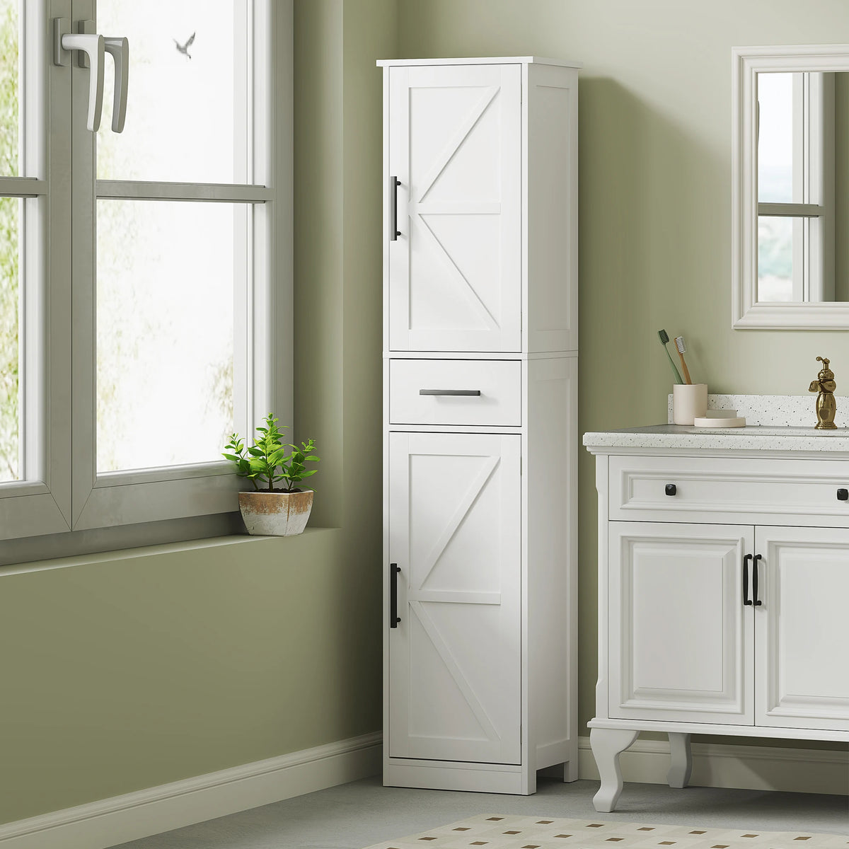 Homcom Bathroom Storage Cabinet With Drawer And Barn Doors