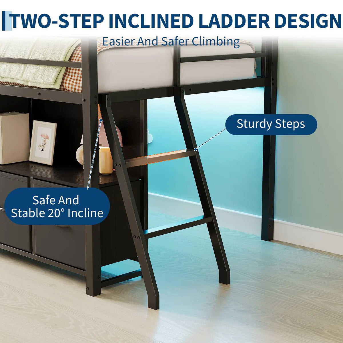 HiMISS Modern Metal Loft Bed With Integrated Work Desk