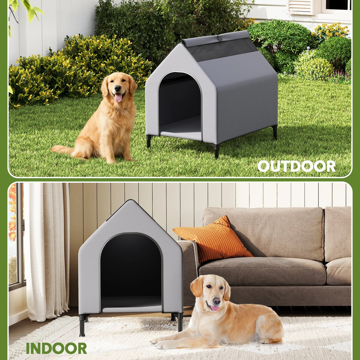 HiMiss Weatherproof Elevated Dog House With Mesh Bed Metal Frame