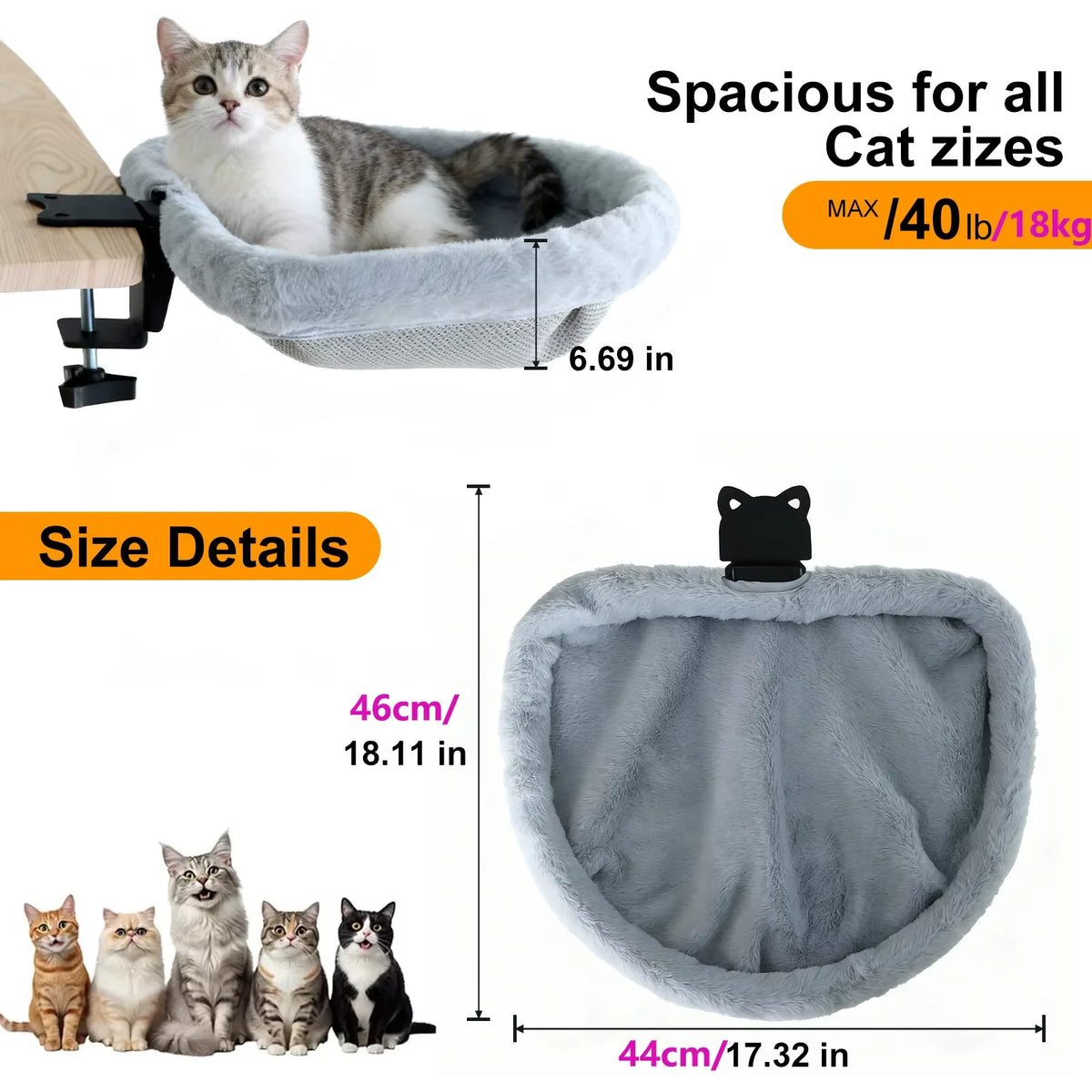 CWV Foldable Cat Desk Bed Hammock With Secure Clamp Mount