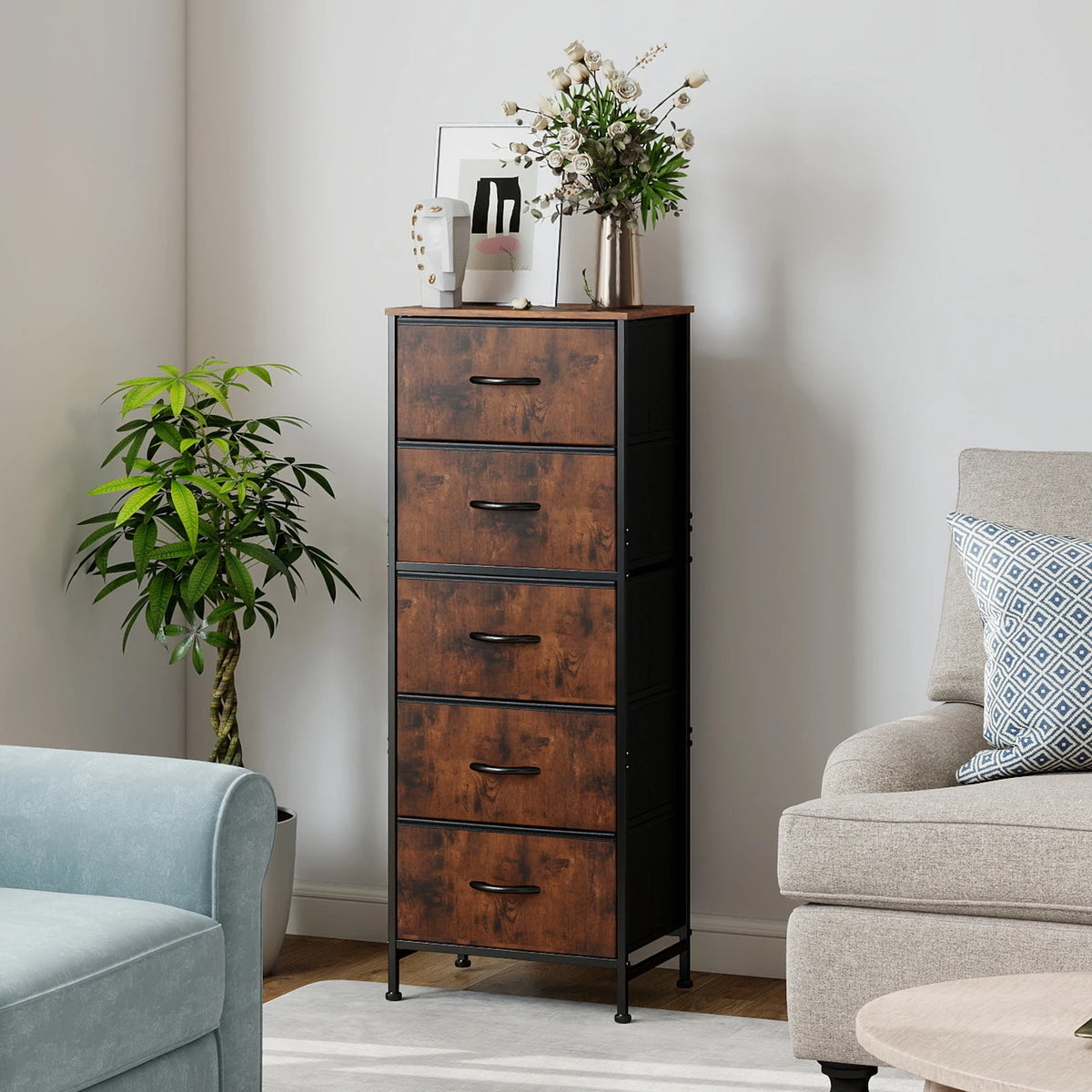 JHK Modern Bedroom Dresser With Five Fabric Drawers Cabinet