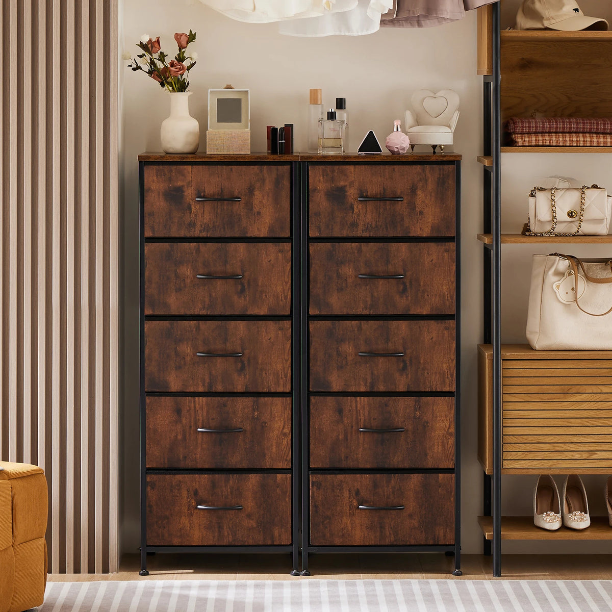 JHK Modern Bedroom Dresser With Five Fabric Drawers Cabinet