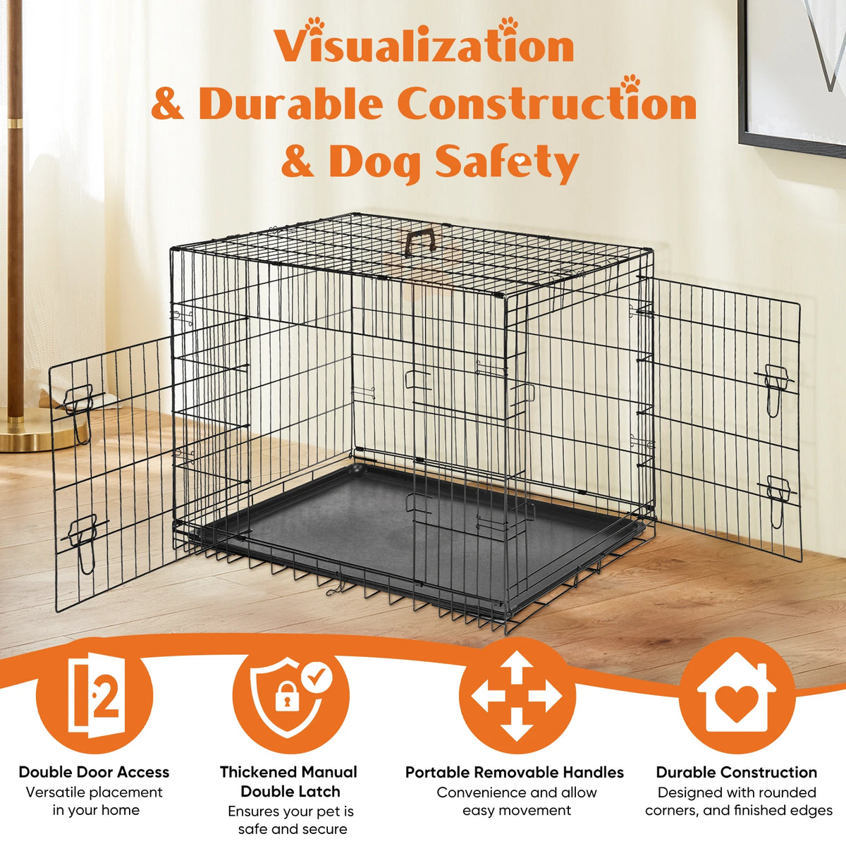 JHK Double Door Folding Metal Dog Crate Leak Proof Tray