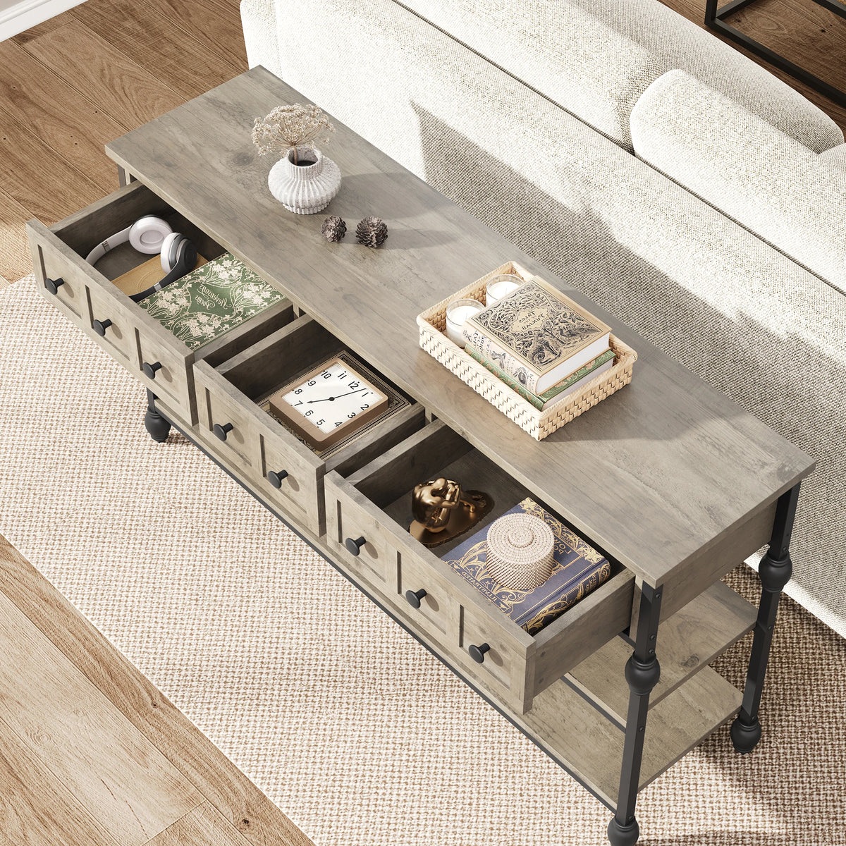 HiMISS Industrial Console Table With Three Drawers And Metal Frame