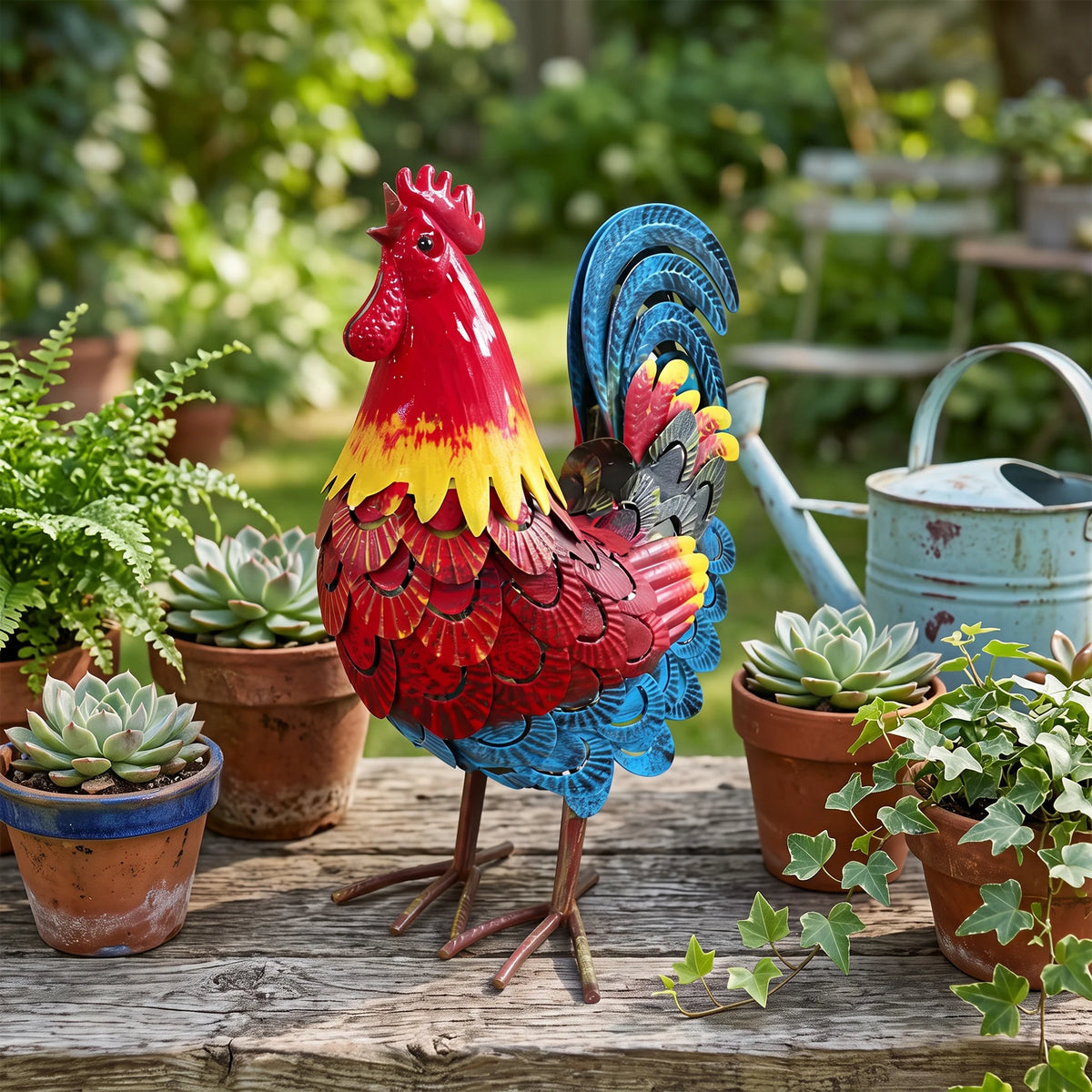 Wrought Iron Rooster Garden Statue For Farmhouse Lawn And Patio