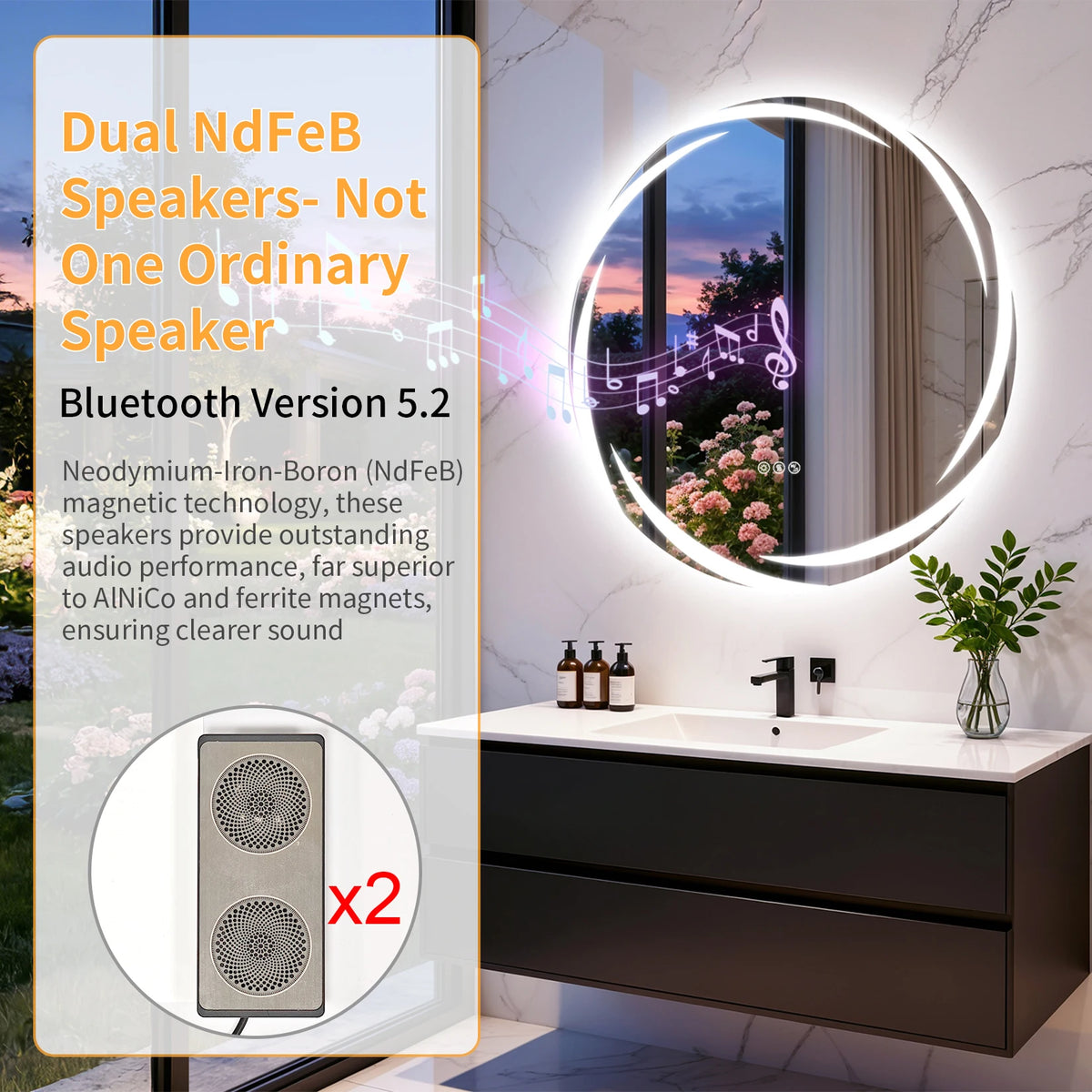 Round Bluetooth LED Bathroom Mirror Defog Speakers Dimming