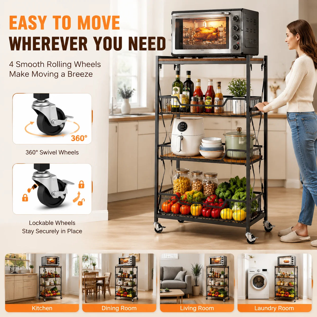 Heavy Duty 4-Tier Foldable Storage Cart with Lockable Casters