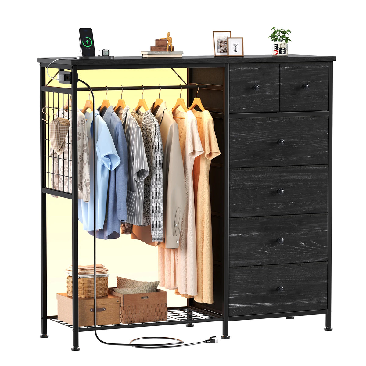 JHK Fabric Dresser With Six Drawers And Charging Station