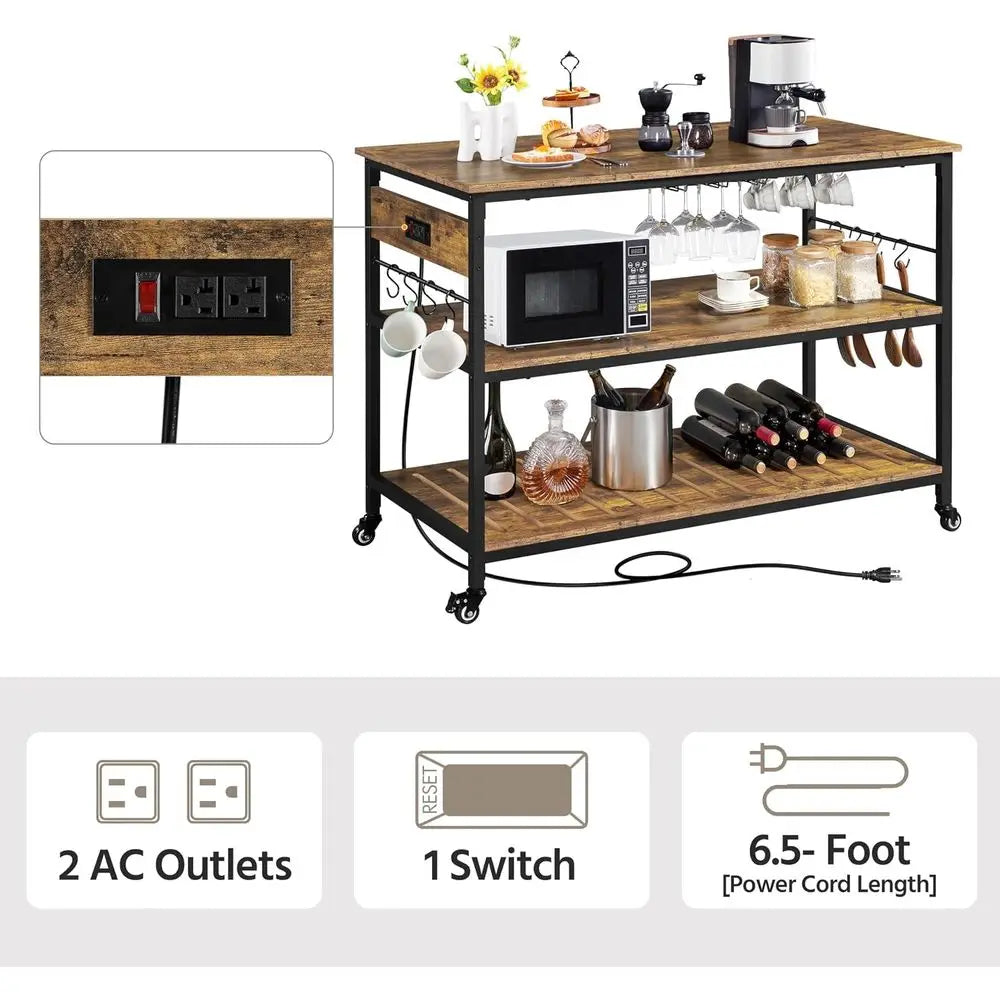 Rolling Kitchen Cart With Power Outlet And Wine Rack