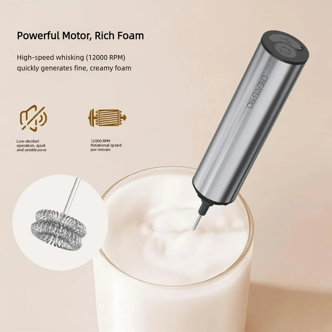 Rechargeable Stainless Steel Milk Frother For Latte And Cappuccino