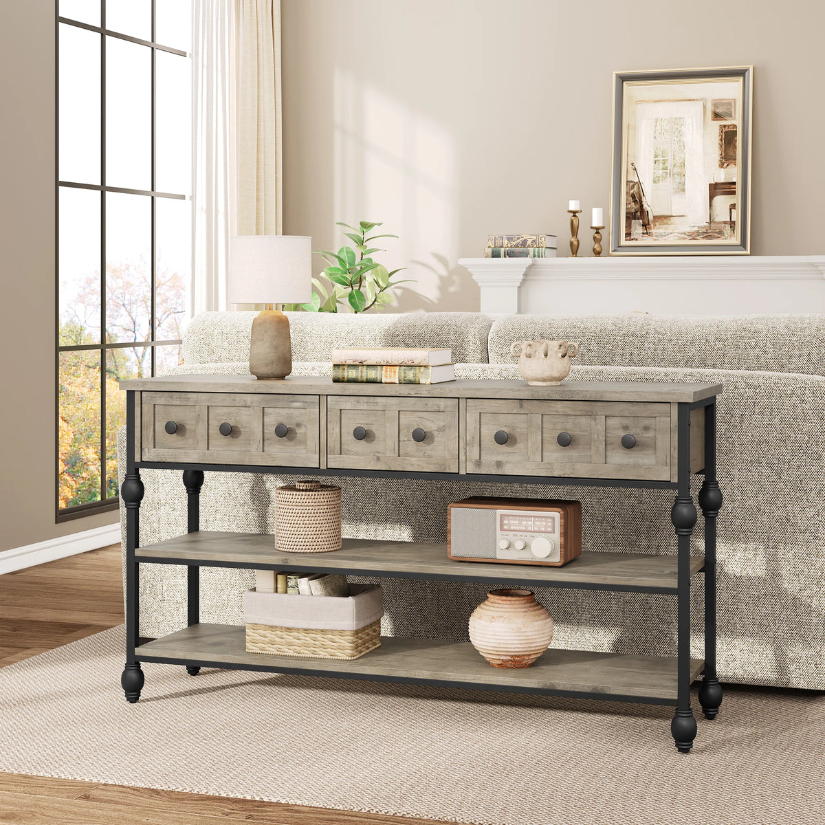 HiMISS Industrial Console Table With Three Drawers And Metal Frame