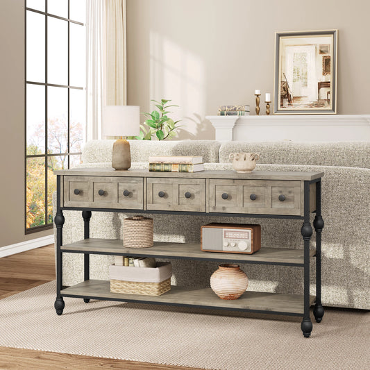 HiMISS Industrial Console Table With Three Drawers And Metal Frame