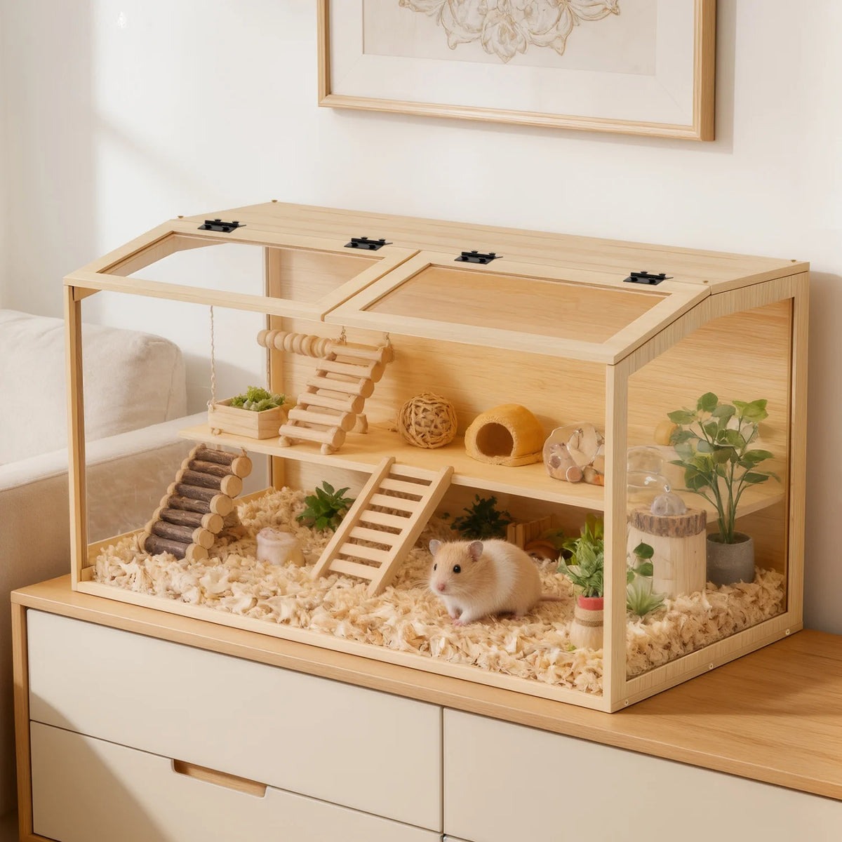 Natural Wooden Tabletop Hamster Cage With Dual Door And Light