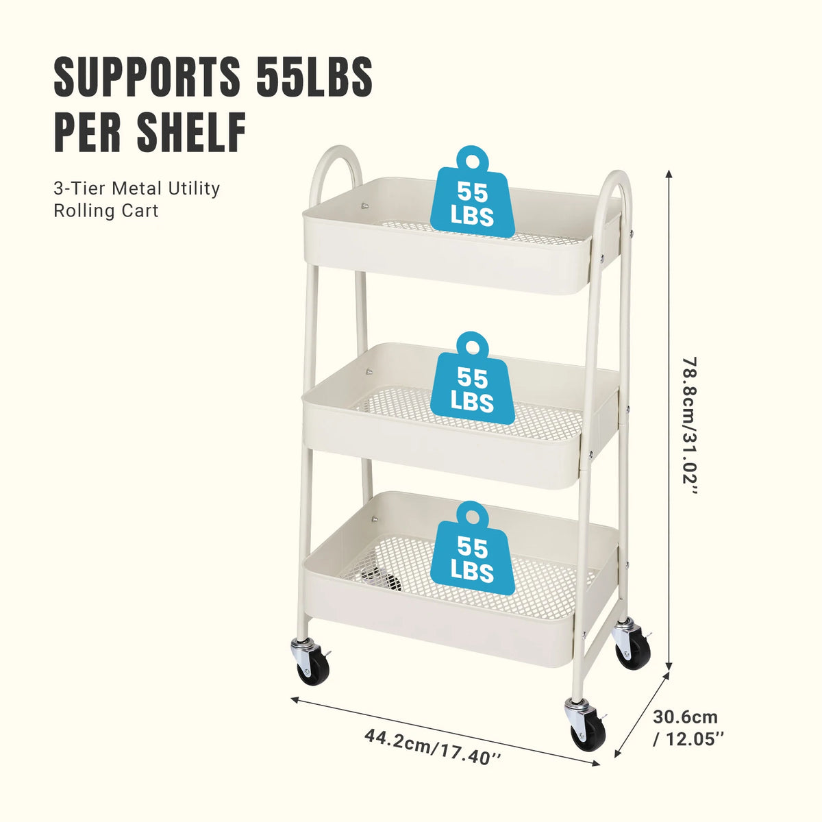 Jhk Three Tier Rolling Storage Cart With Secure Locking Wheels