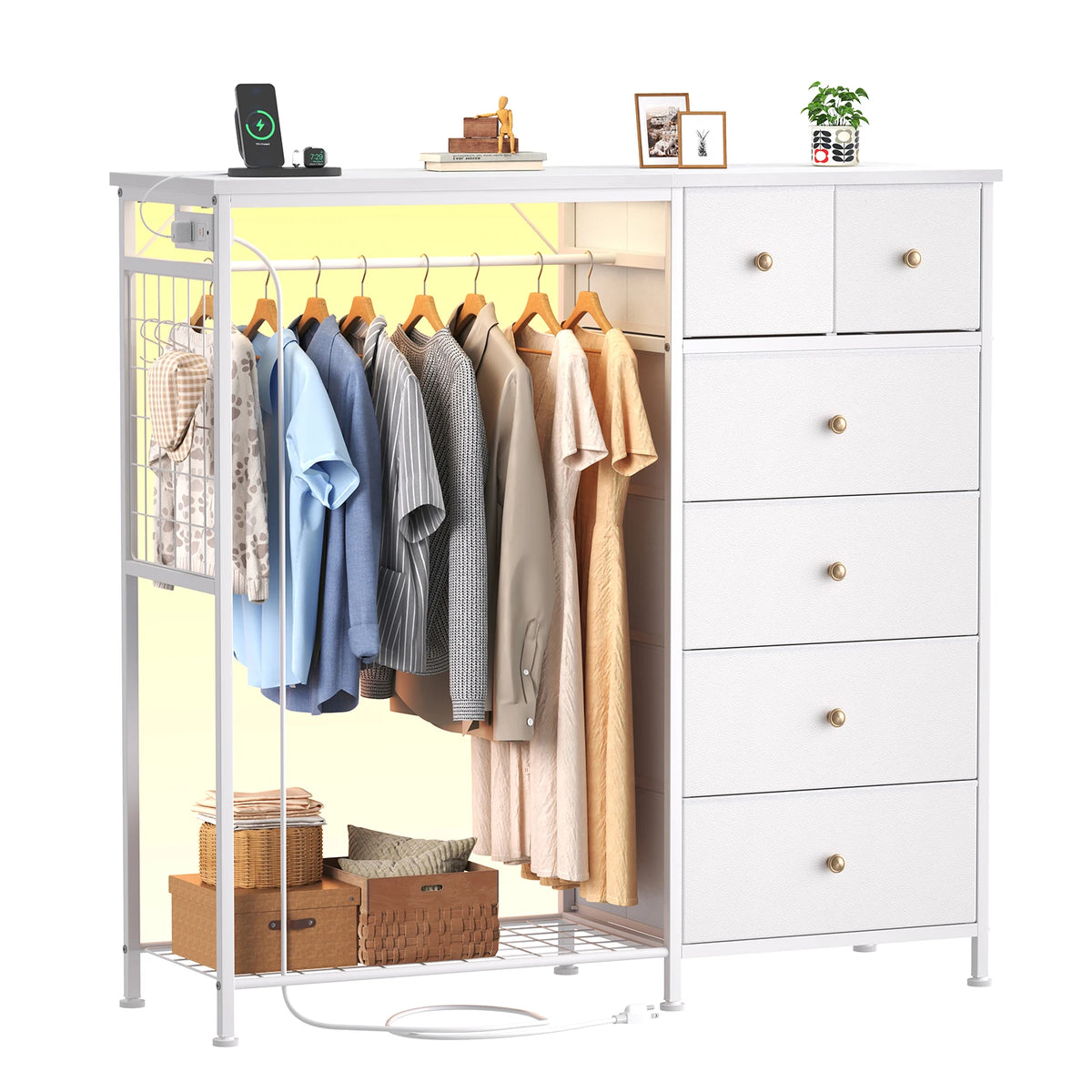 JHK Fabric Dresser With Six Drawers And Charging Station