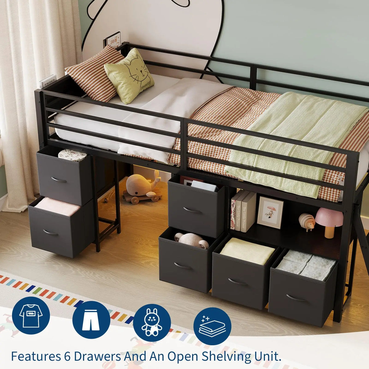 HiMISS Modern Metal Loft Bed With Integrated Work Desk