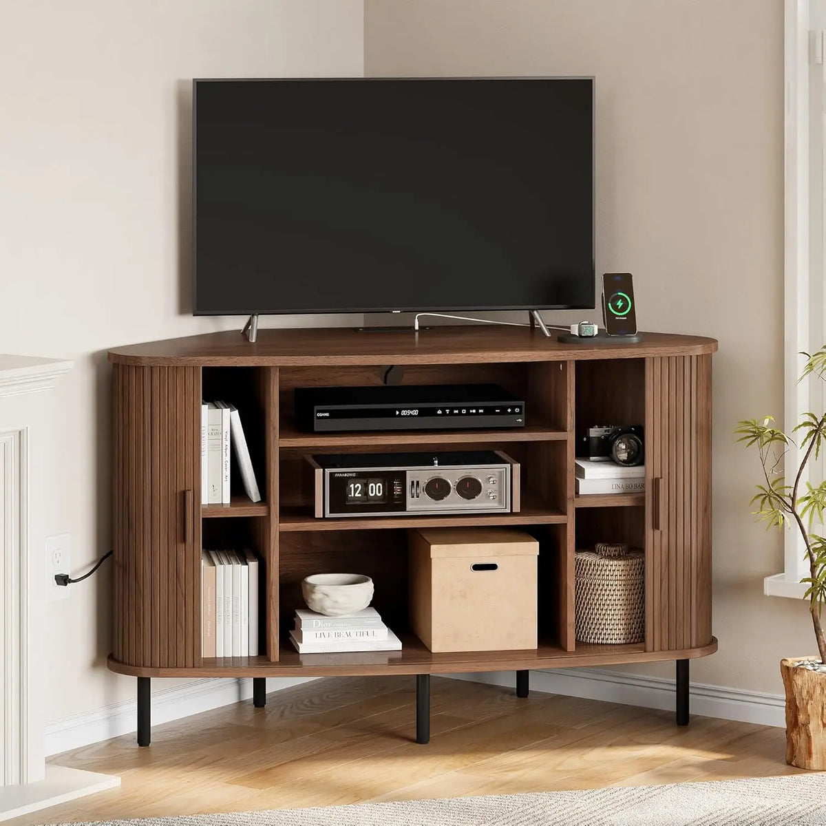 Onbrill Modern Fluted Wood Corner TV Stand Entertainment Center