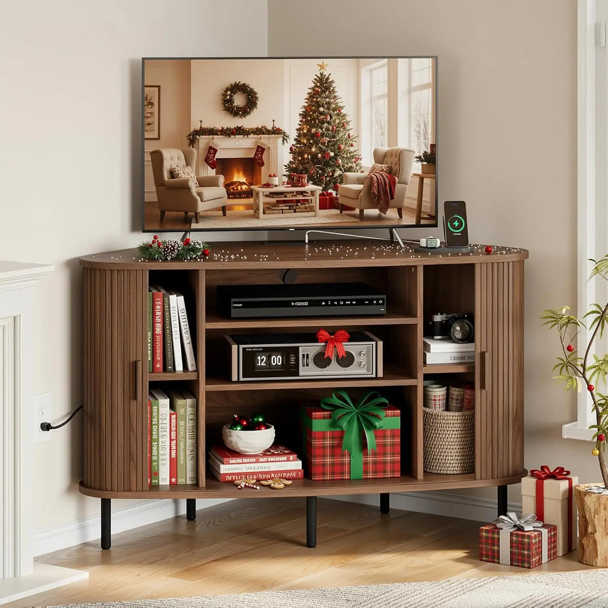 Onbrill Modern Fluted Wood Corner TV Stand Entertainment Center