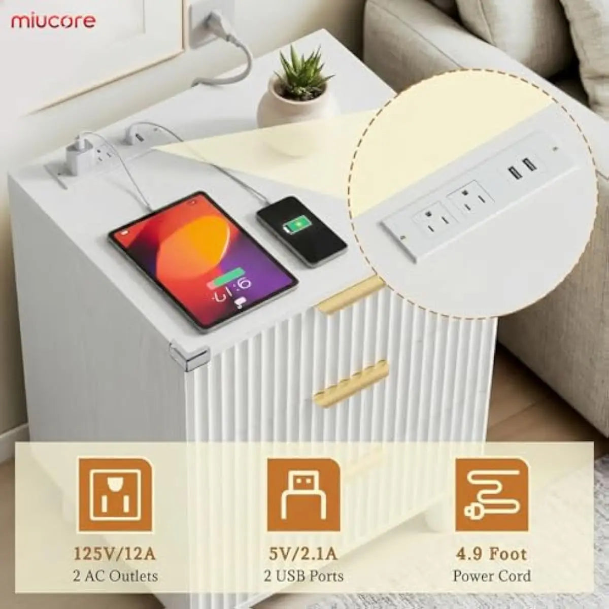 Modern Fluted Nightstand With Soft Close Drawers And Usb Ports