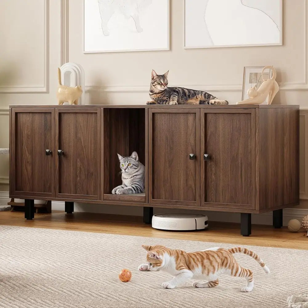Wooden Double Compartment Cat Litter Enclosure With Scratch Pad