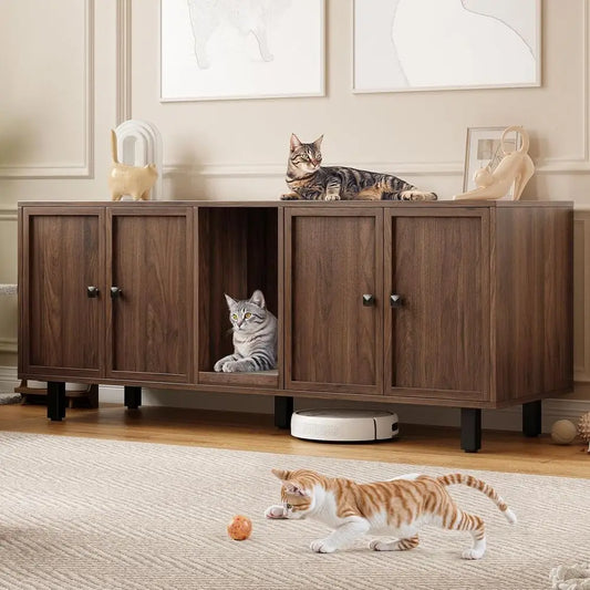 Wooden Double Compartment Cat Litter Enclosure With Scratch Pad
