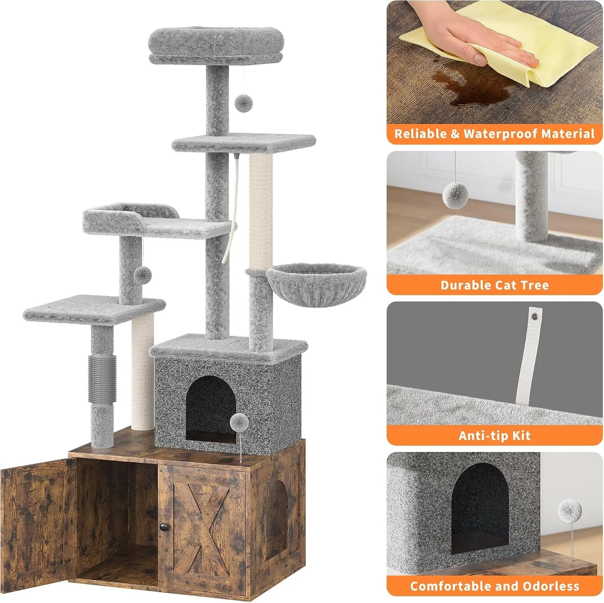 Multi Level Cat Condo With Integrated Litter Box And Hammock