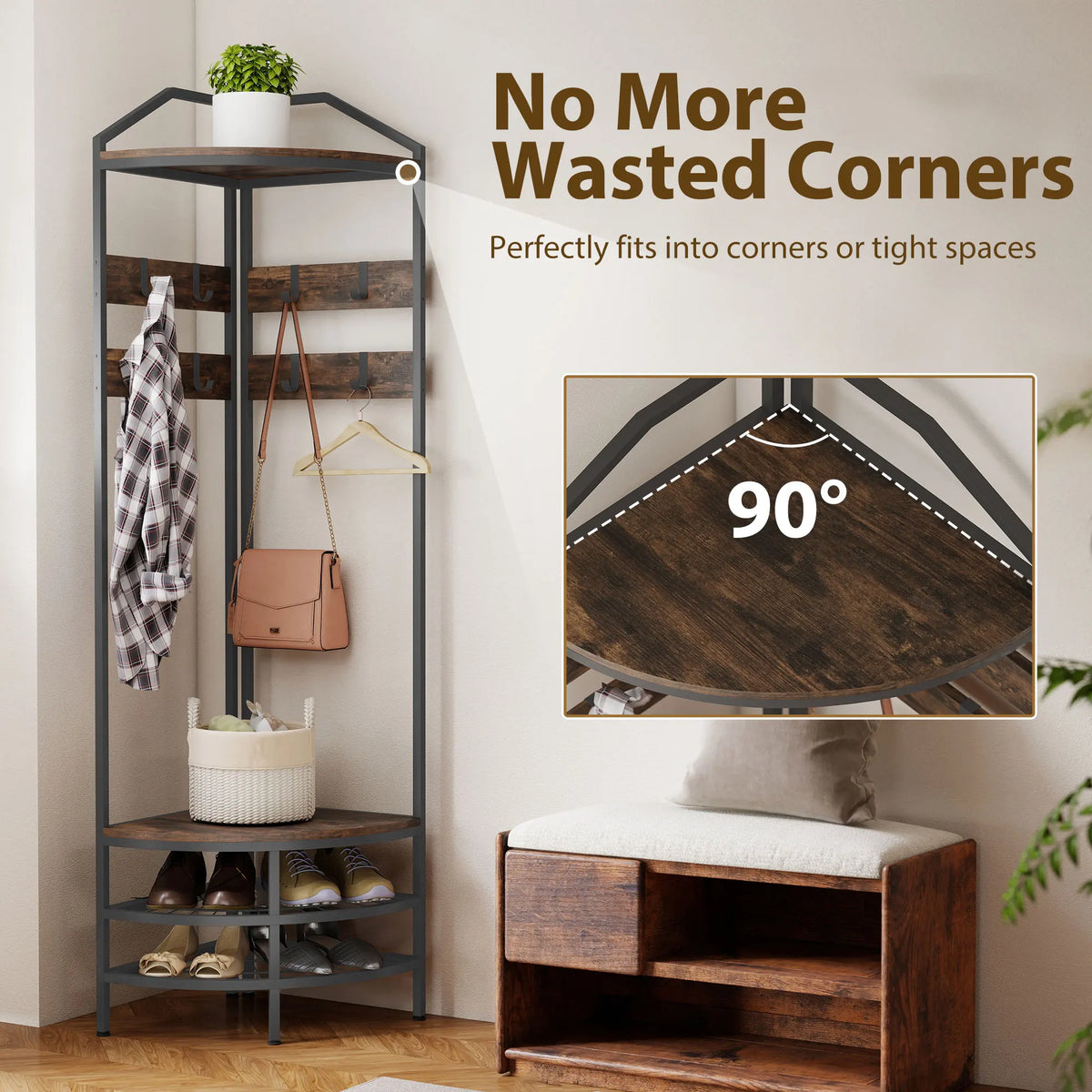 Industrial 4-Tier Corner Hall Tree With 8 Hooks Shoe Storage