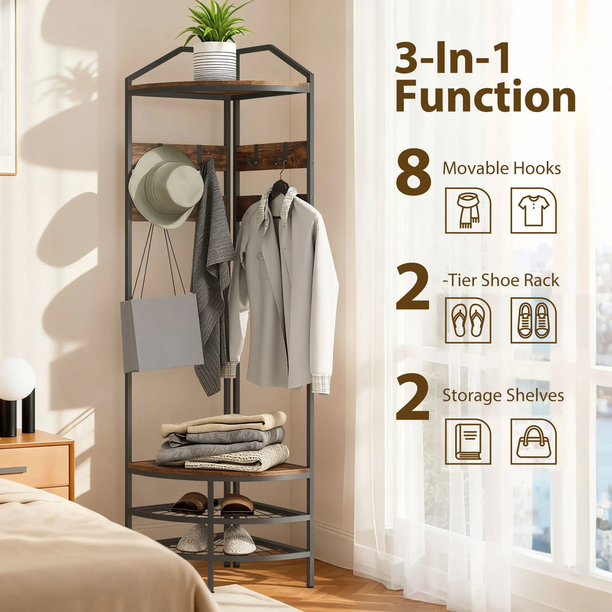 Industrial 4-Tier Corner Hall Tree With 8 Hooks Shoe Storage