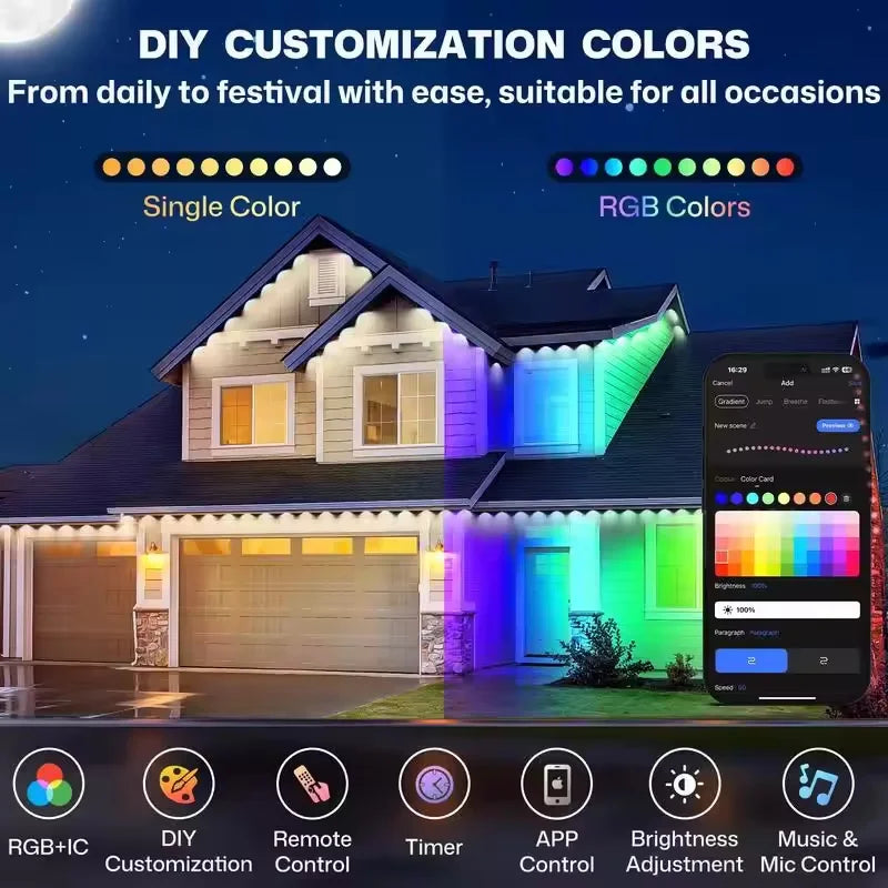 Smart App Remote RGB LED Eave String Lights IP67 Waterproof