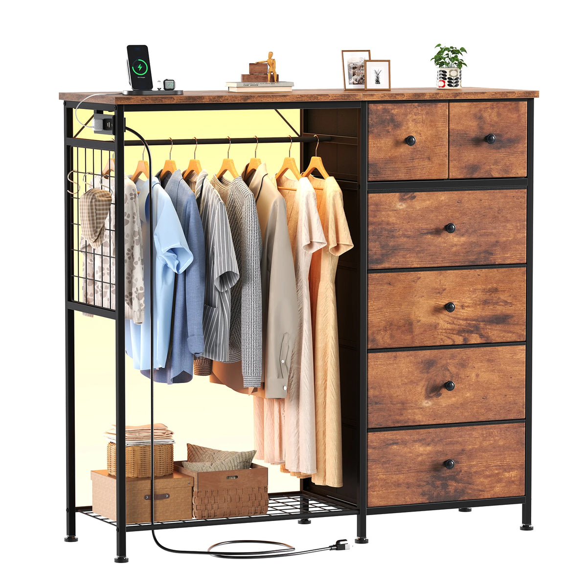 JHK Fabric Dresser With Six Drawers And Charging Station