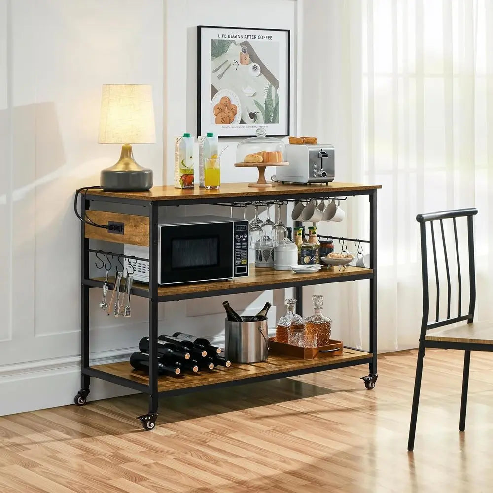 Rolling Kitchen Cart With Power Outlet And Wine Rack