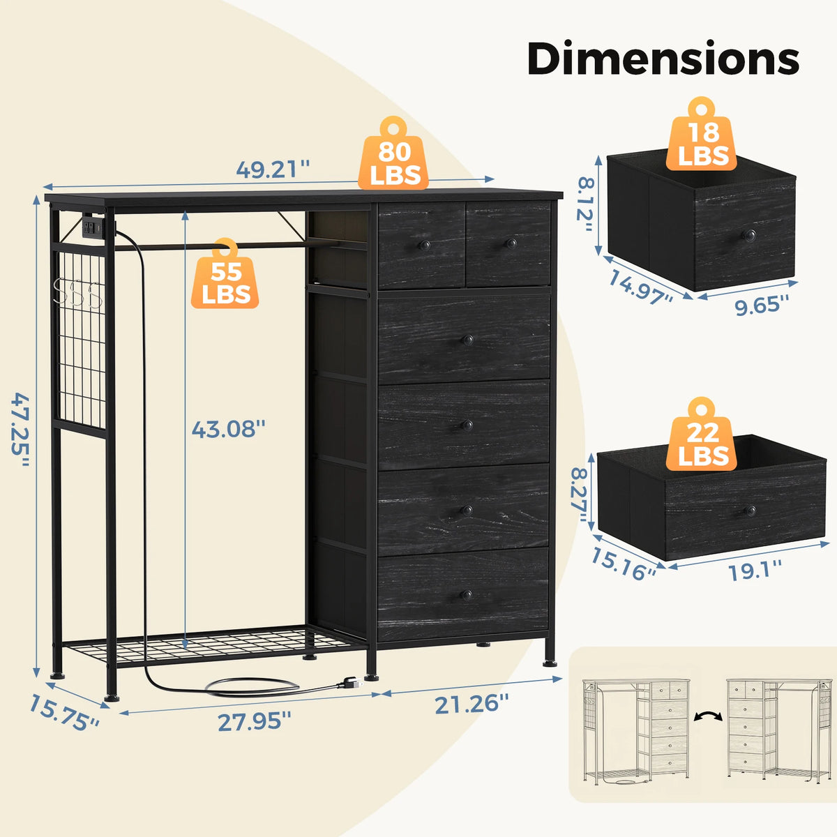 JHK Fabric Dresser With Six Drawers And Charging Station