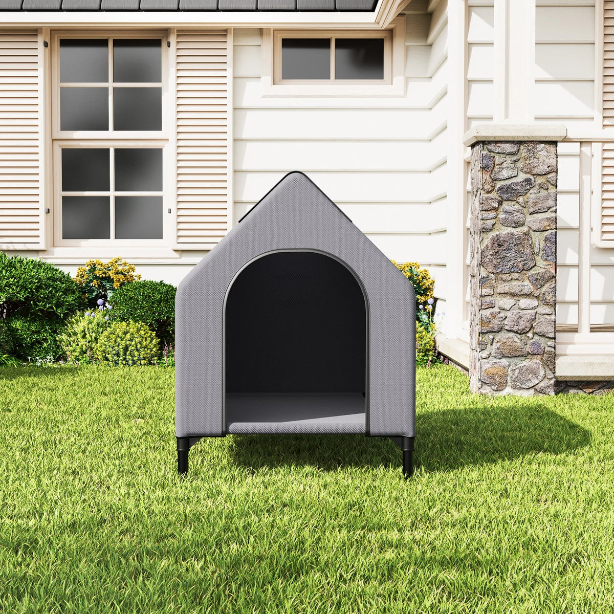 HiMiss Weatherproof Elevated Dog House With Mesh Bed Metal Frame