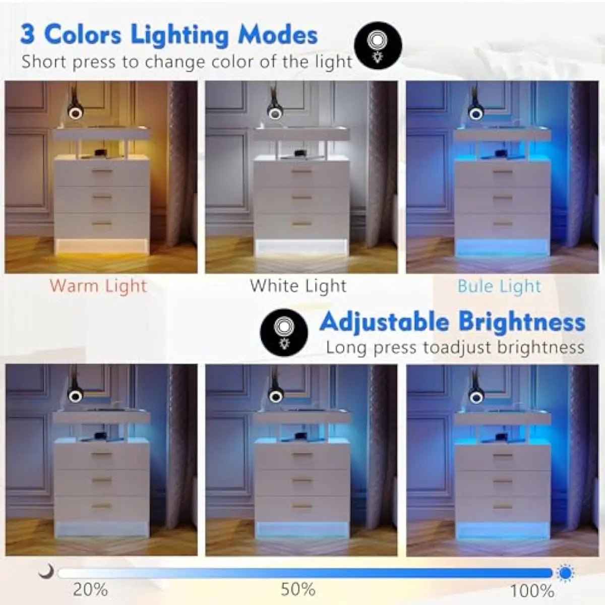 Modern LED Motion Sensor Nightstand Set With Triple Color Lighting
