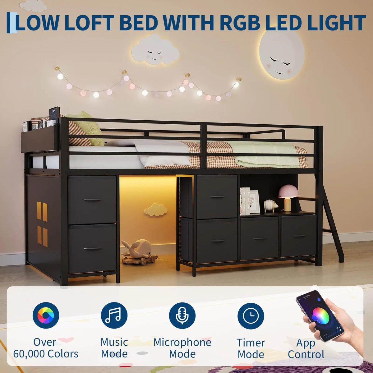 HiMISS Modern Metal Loft Bed With Integrated Work Desk