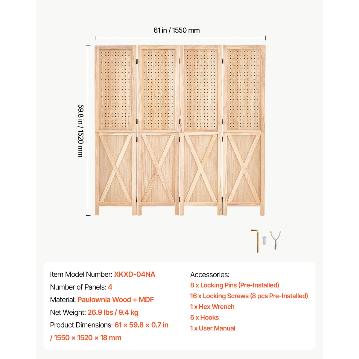 SucceBuy Four Panel Wood Folding Privacy Screen Room Divider