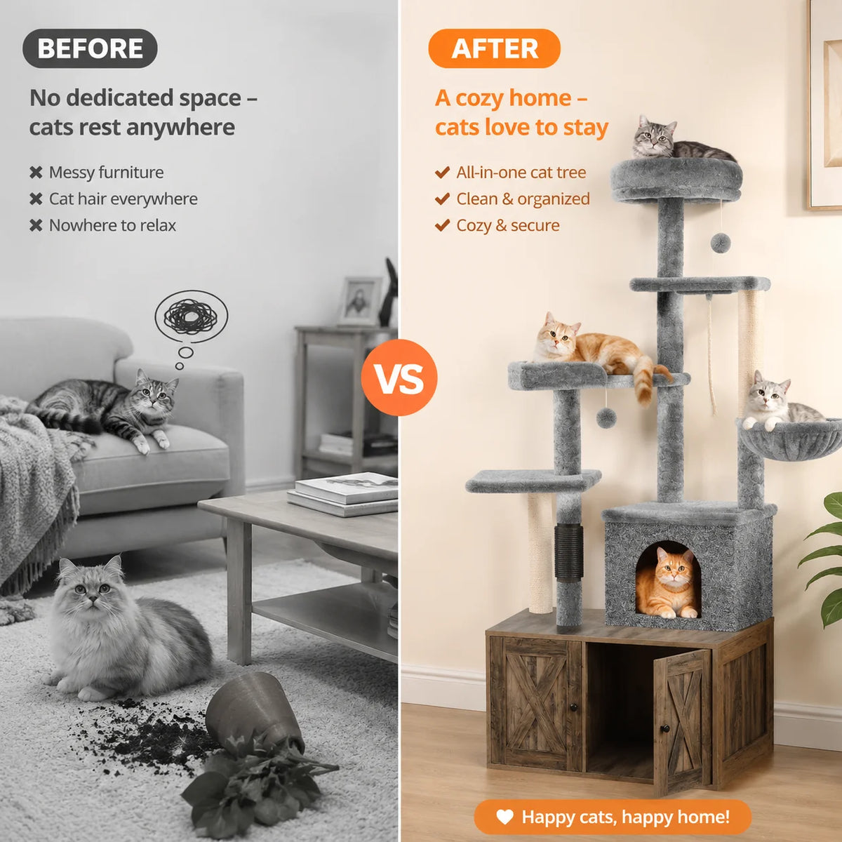 Multi Level Cat Condo With Integrated Litter Box And Hammock
