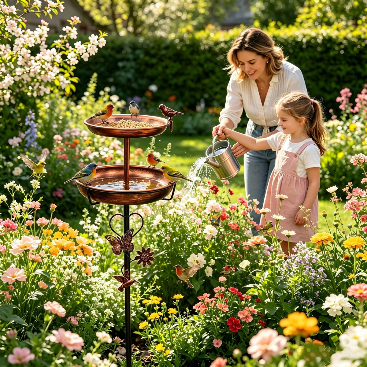 Double Layer Bird Bath Stand Outdoor Metal Garden Decor